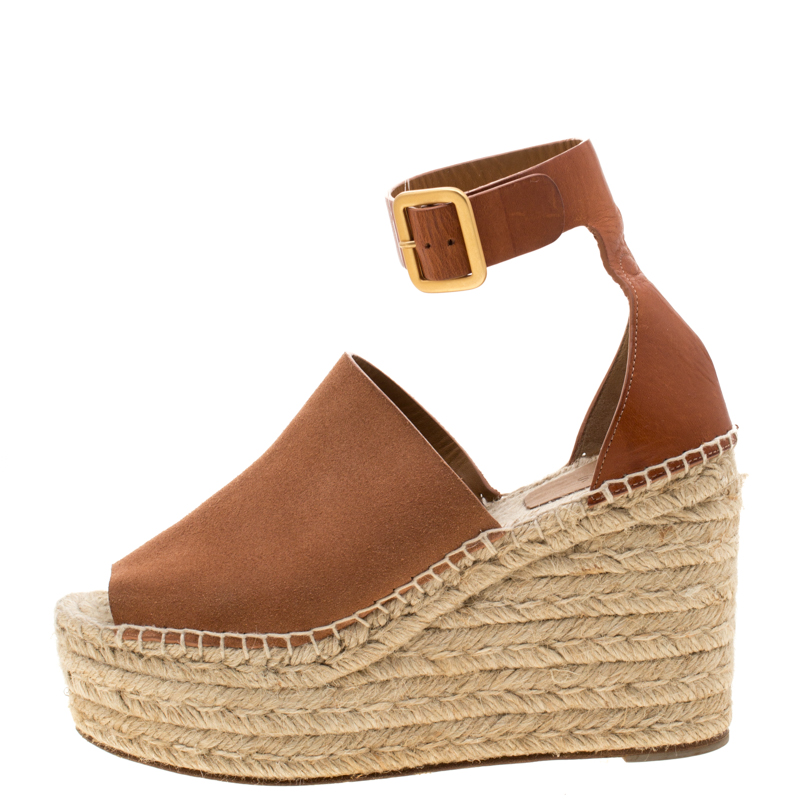

Chloe Brown Suede Leather Espadrille Ankle Strap Wedge Platform Sandals Size