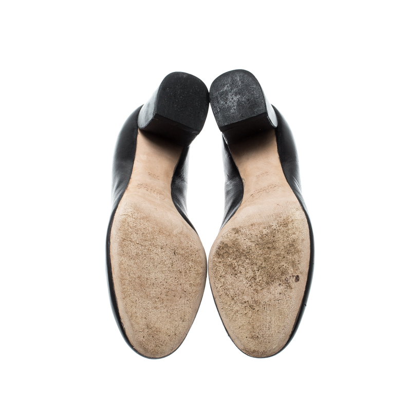 Pre-owned Chloé Black Leather Lauren Scallop Trim Block Heel Pumps Size 38.5