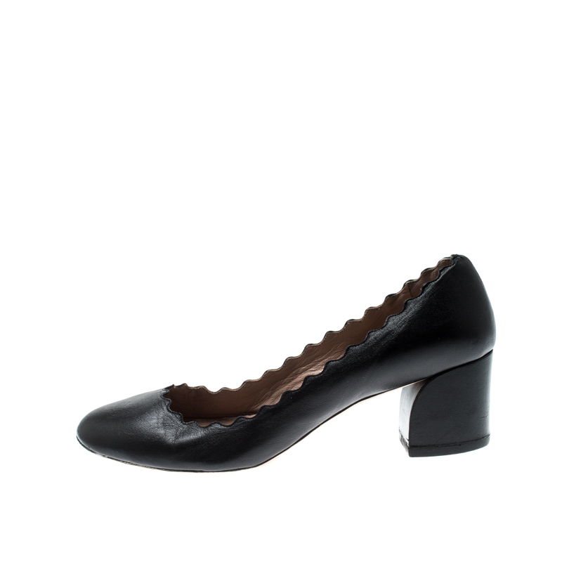 Pre-owned Chloé Black Leather Lauren Scallop Trim Block Heel Pumps Size 38.5