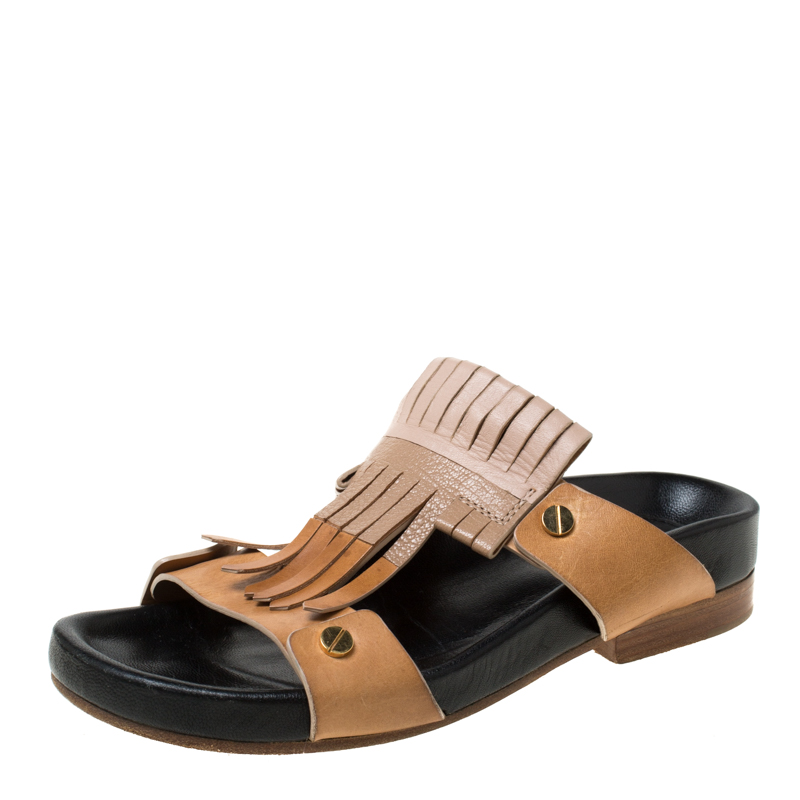 Pre Owned Chloe Beige/Brown Leather 'Erika' Kiltie Trim Flat Sandals Size 37