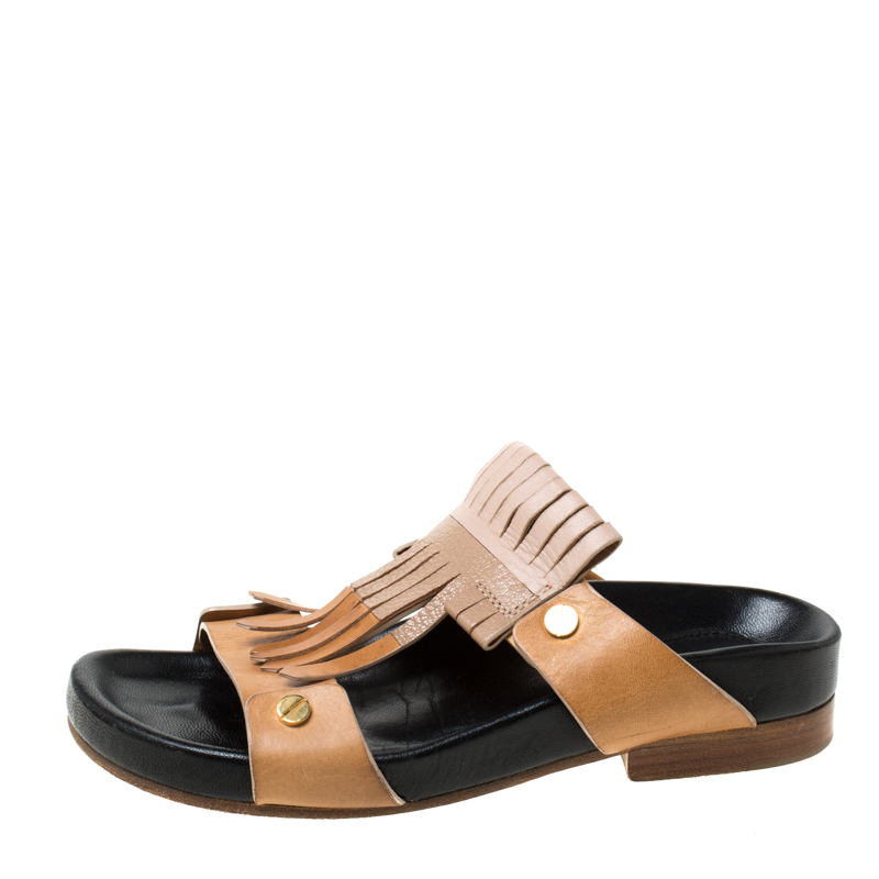 

Chloe Beige/Brown Leather 'Erika' Kiltie Trim Flat Sandals Size