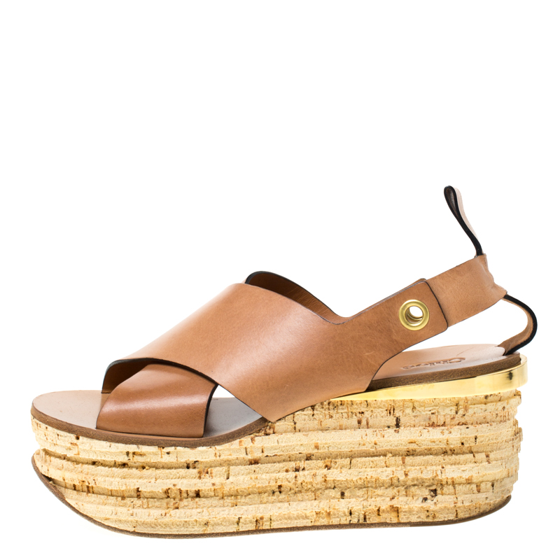 

Chloe Brown Leather Clyde Wedge Platform Sandals Size