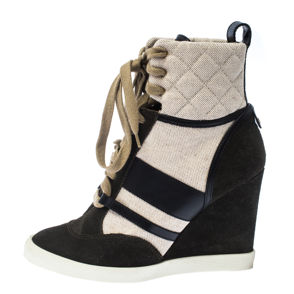 

Chloe Black Suede Leather And Beige Canvas Wedge Ankle Boots Size