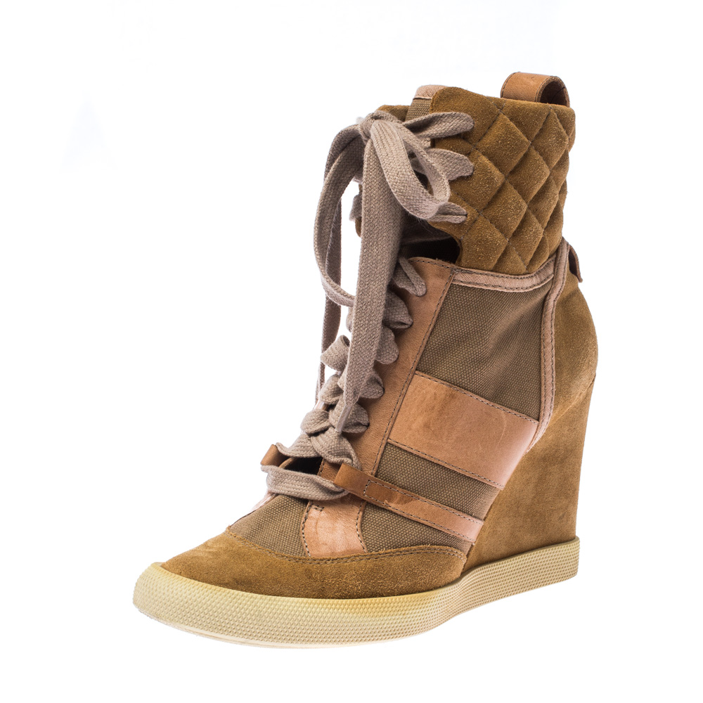

Chloe Beige/Brown Suede Leather And Canvas Lace Up Wedge Ankle Boots Size