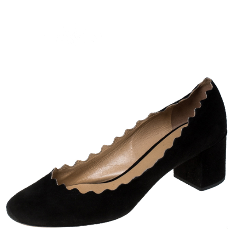 Pre Owned Chloe Black Suede Scalloped Pump Size 37.5