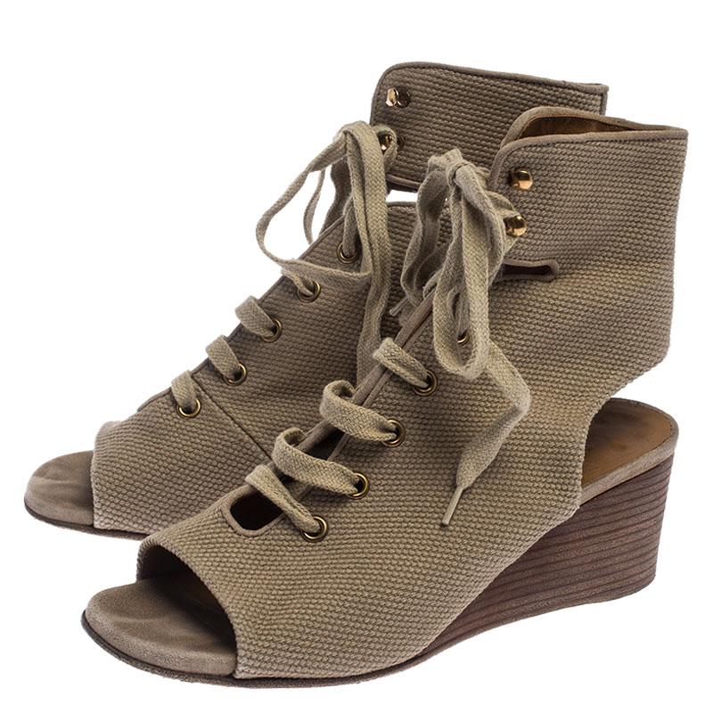 Pre-owned Chloé Beige Canvas Ghillie Lace Up Wedge Sandals Size 36