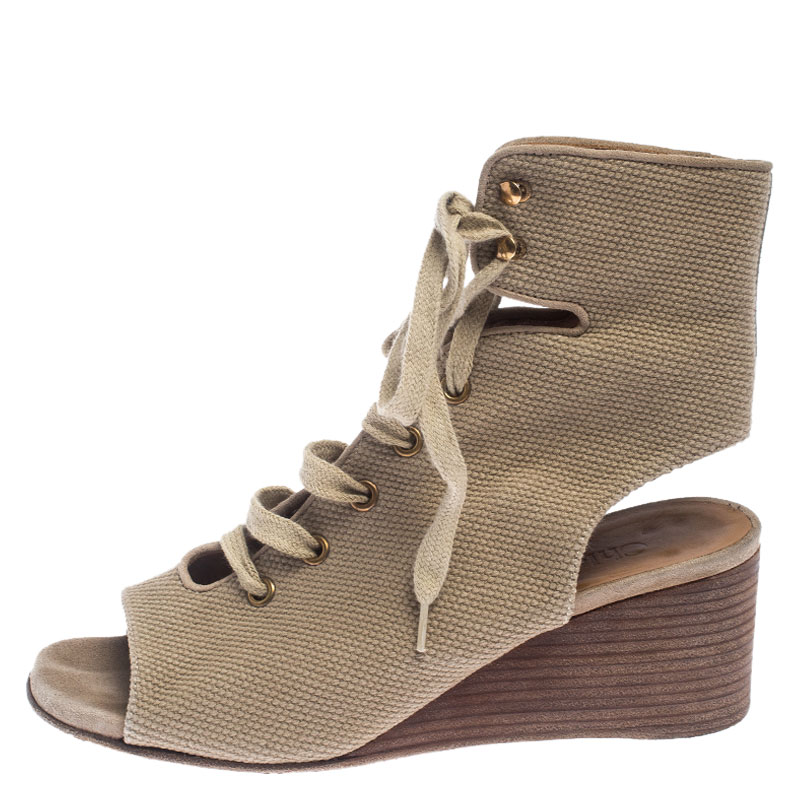 Pre-owned Chloé Beige Canvas Ghillie Lace Up Wedge Sandals Size 36