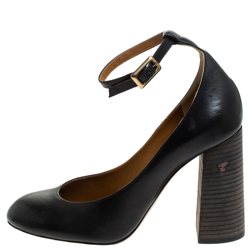

Chloe Black Leather Block Heel Ankle Strap Pumps Size