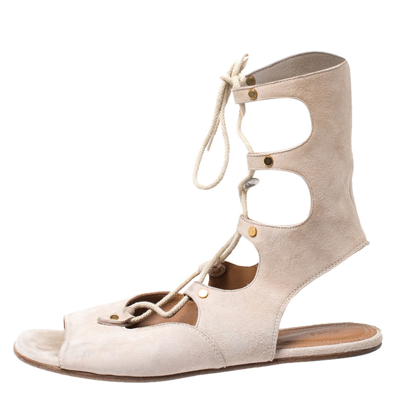 

Chloe Beige Suede Gladiator Ankle Wrap Flap Sandals Size