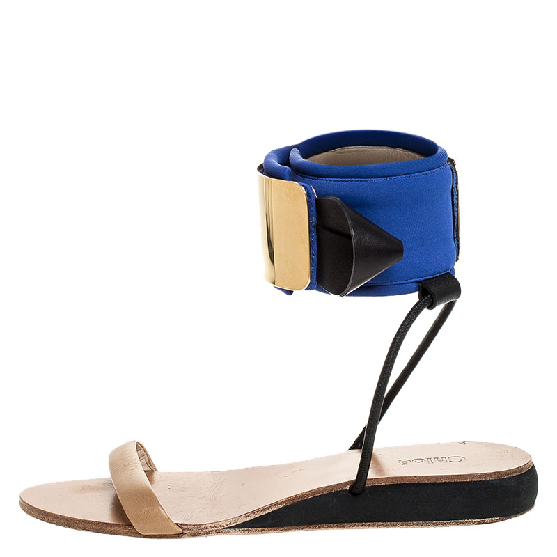 Pre-owned Chloé Blue/beige Leather And Nylon Ankle Cuff Flat Sandals Size 38