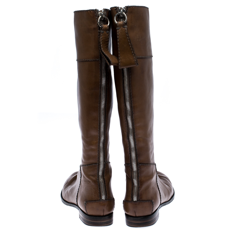 Pre-owned Chloé Brown Leather Knee Length Flat Boots Size 42