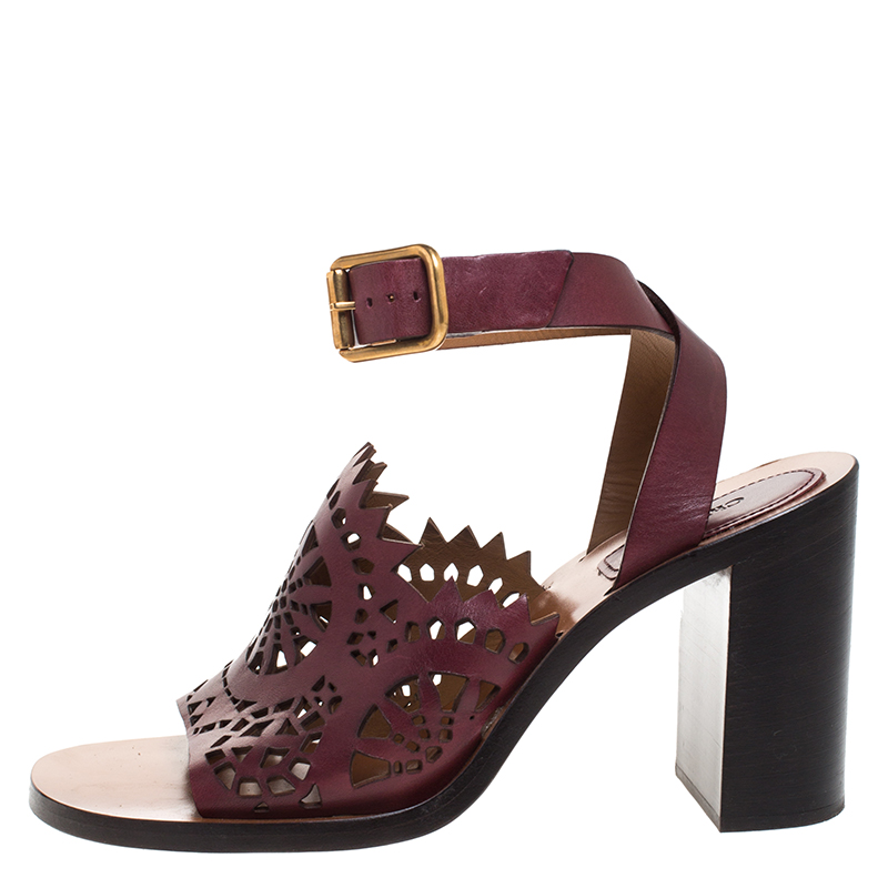 

Chloe Burgundy Leather Laser Cut Block Heel Ankle Strap Sandals Size