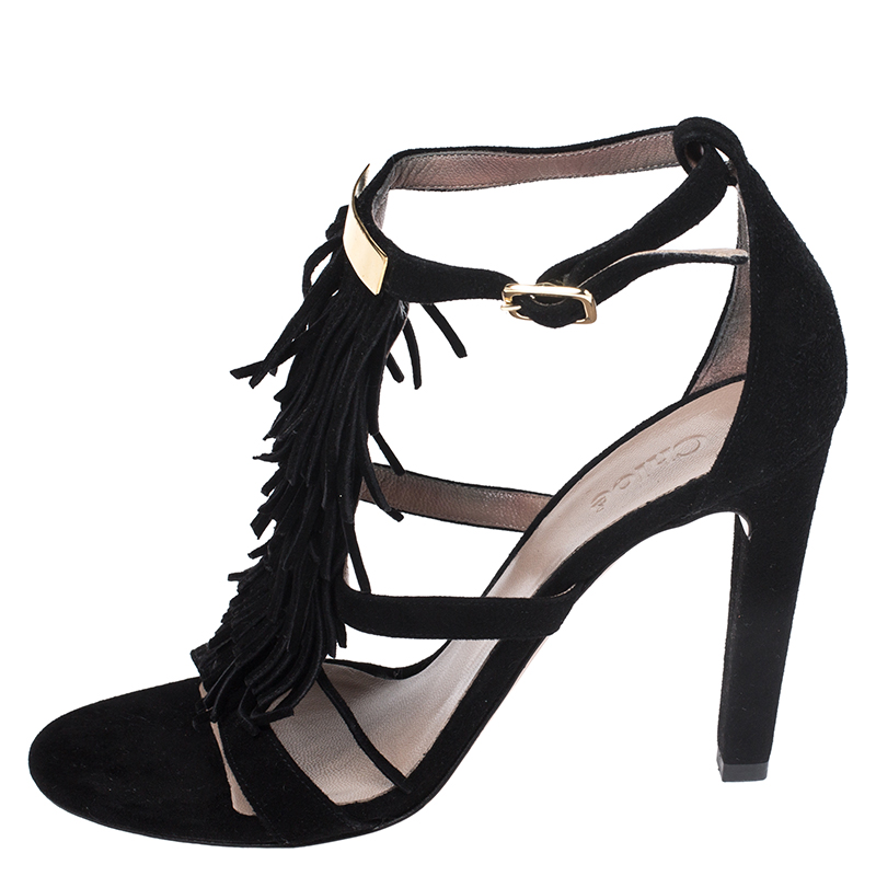 

Chloe Black Suede Fringed Sandals Size