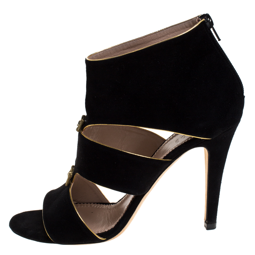 

Chloe Black/Gold Cut Out Suede Bow Open Toe Sandals Size