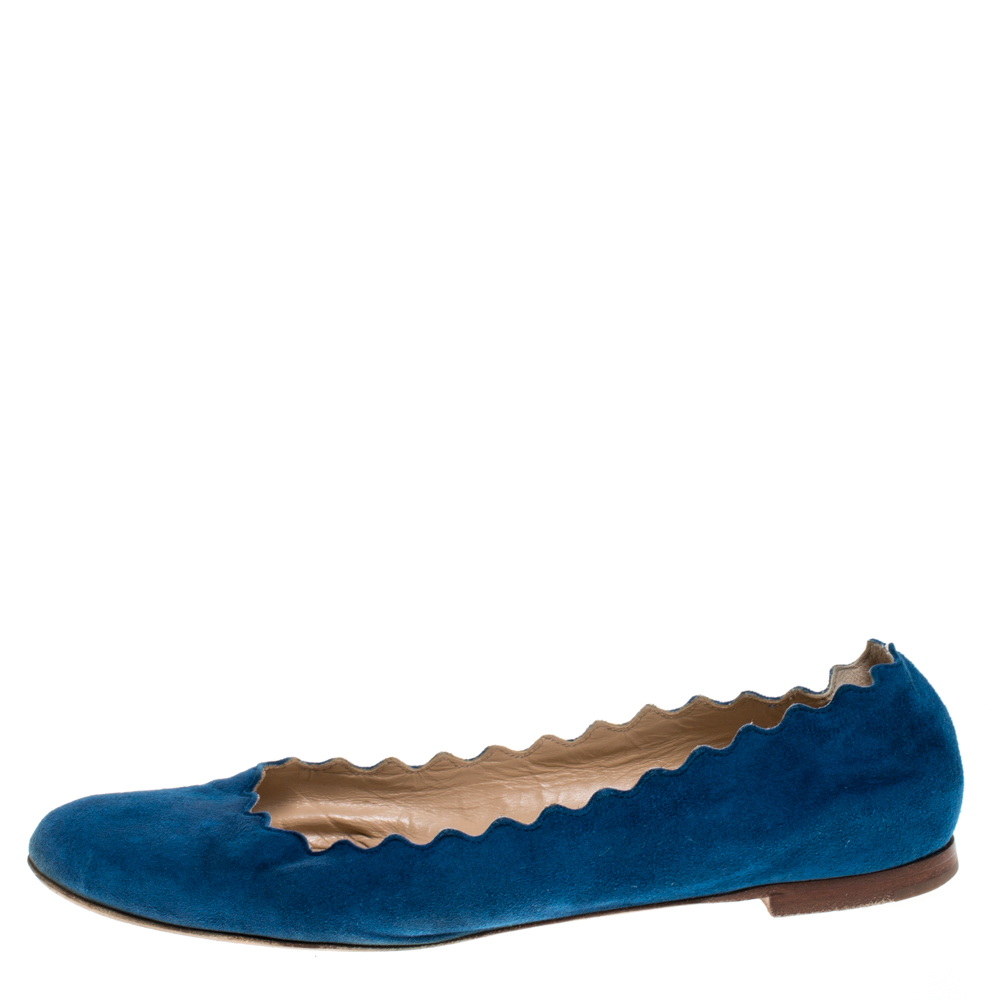 

Chloe Blue Suede Lauren Scalloped Ballet Flats Size