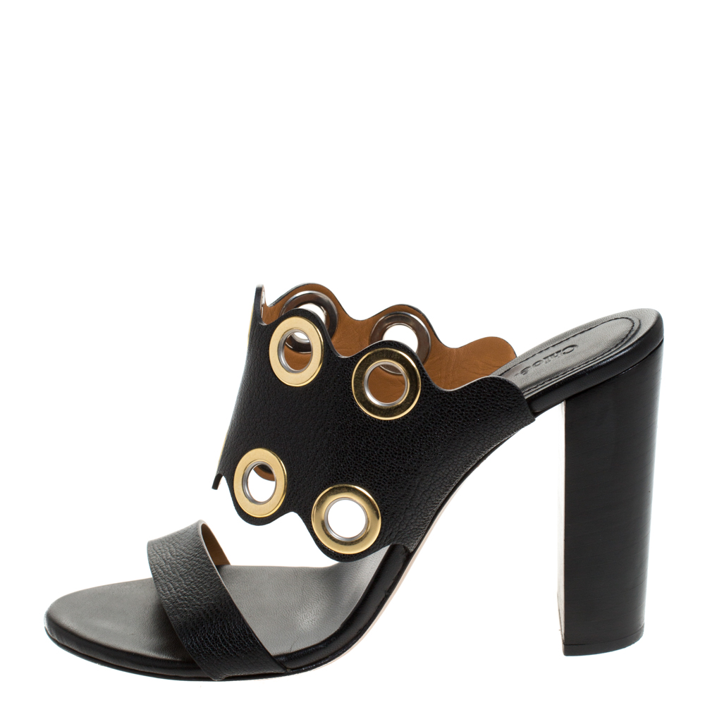 

Chloe Black Leather Grommet Embellished Mule Sandals Size