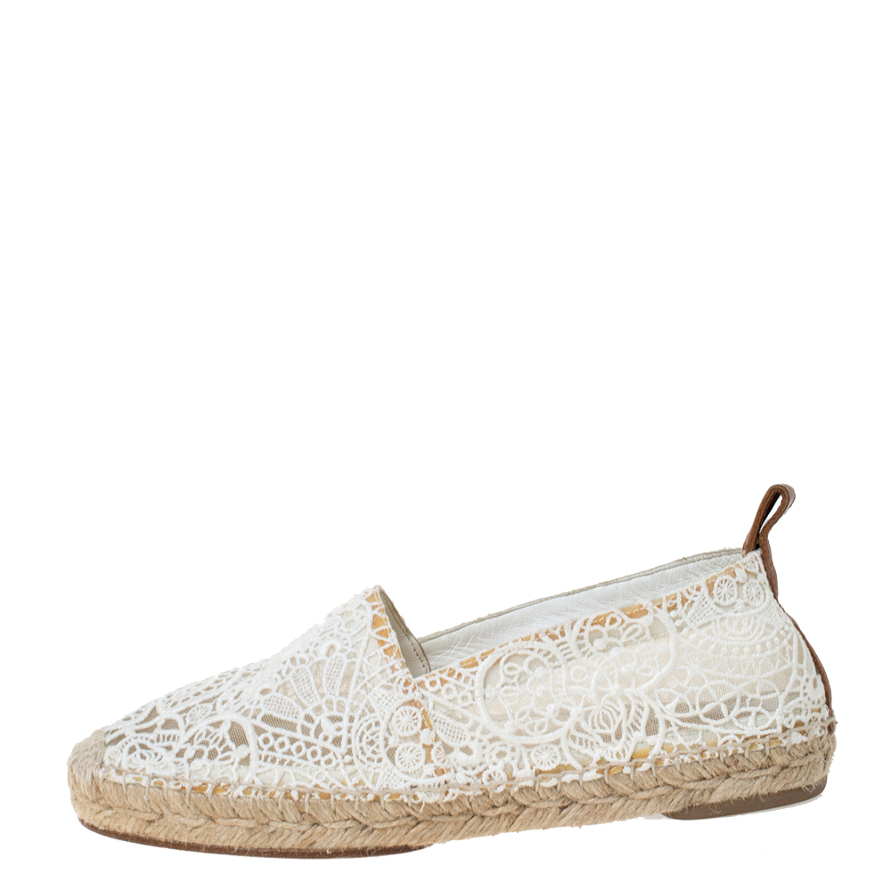 

Chloe White Lace And Leather Trim Slip On Espadrille Flats Size