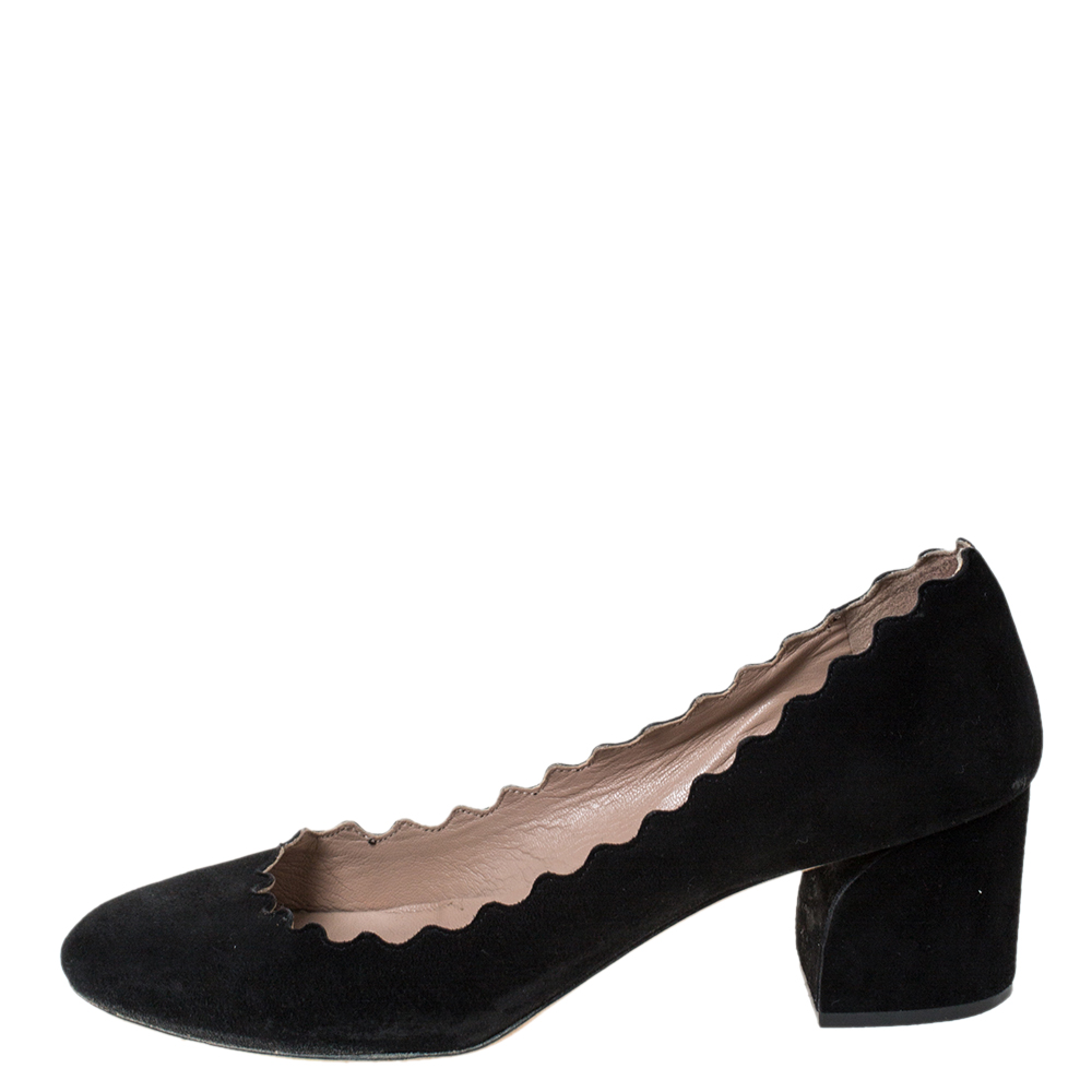 

Chloe Black Suede Scalloped Block Heel Pumps Size