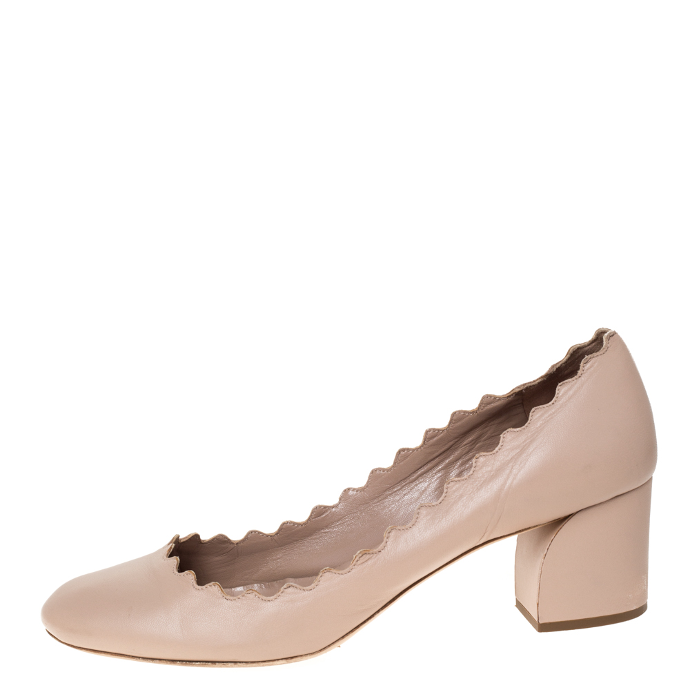 

Chloe Beige Leather Lauren Scallop Trim Block Heel Pumps Size