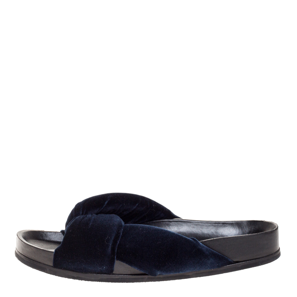 

Chloe Black Velvet Knotted Slip On Flat Slides Size, Blue