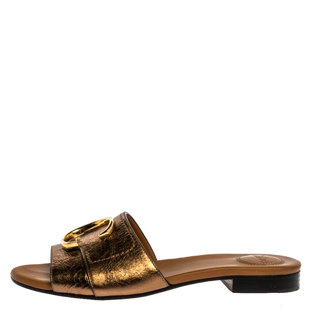 

Chloe Golden Leather C Logo Flat Slides Size, Brown