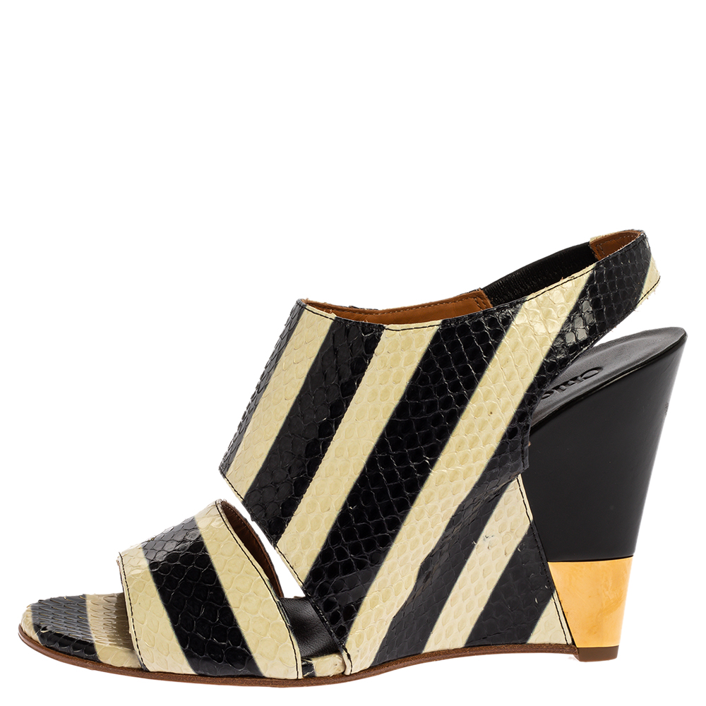 

Chloe Cream/Black Striped Python Leather Ayers Wedge Slingback Sandals Size