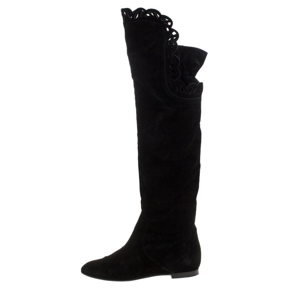 

Chloe Black Suede Laser Cut Scrunch Over The Knee Boots Size