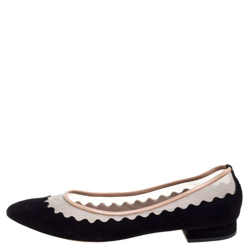 

Chloe Black Suede And Mesh Scallop Tulle Ballet Flats Size