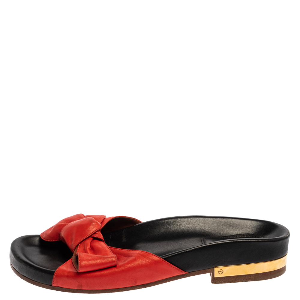 

Chloe Red Leather Emily Knotted Bow Detail Slide Flats Size