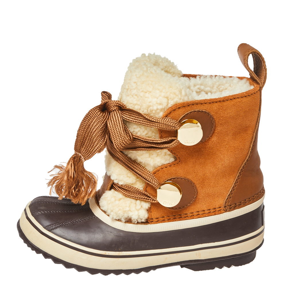 

Chloe Beige/Brown Suede Leather And Shearling Lace Up Ankle Boots Size
