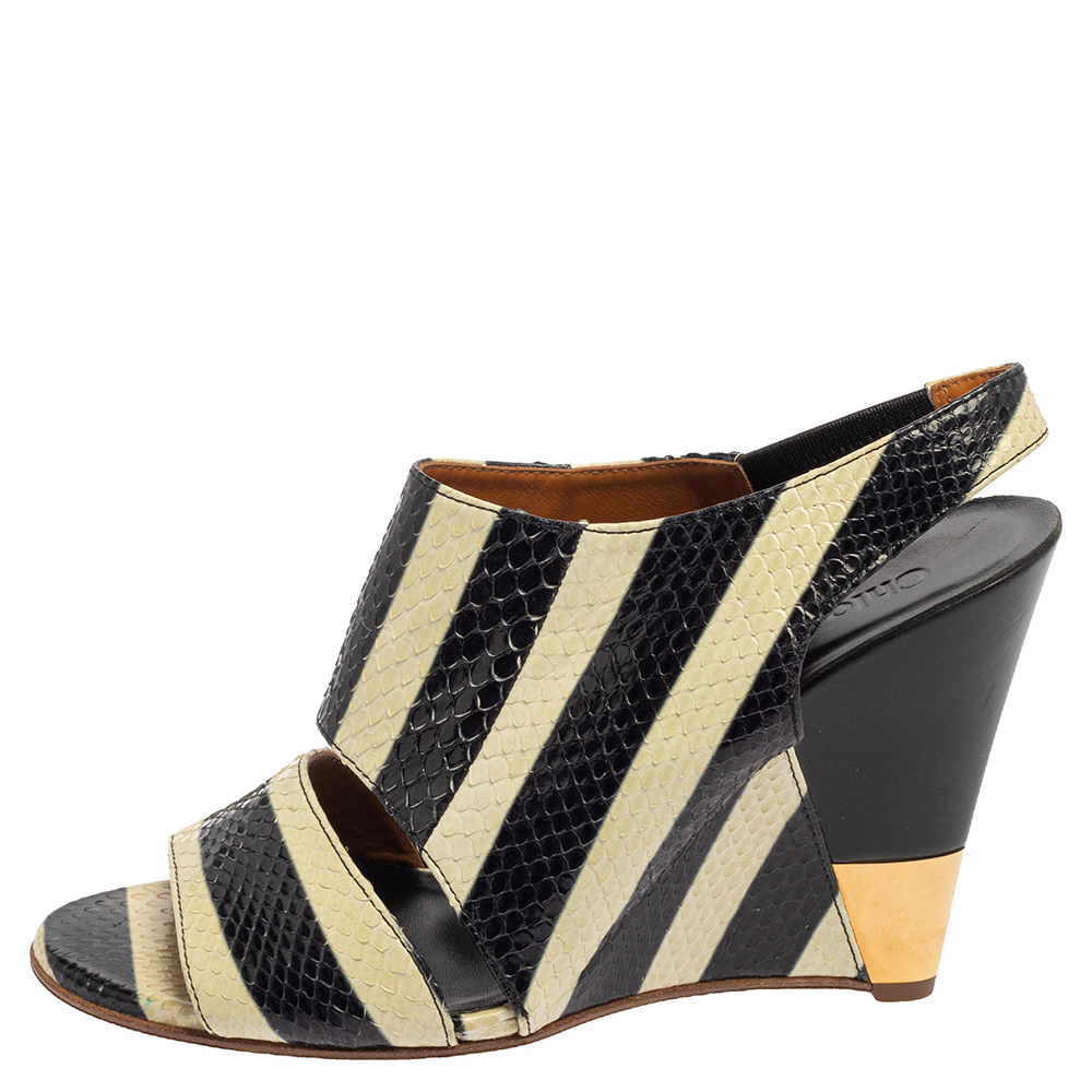 

Chloe Cream/Black Striped Python Ayers Wedge Slingback Sandals Size