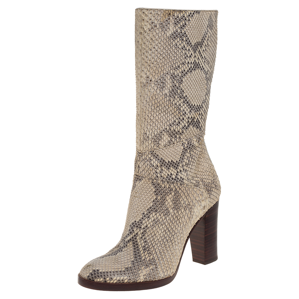 Pre-owned Chloé Two Tone Python Knee High Adelie Boots Size 35 In Cream