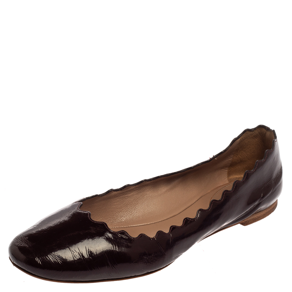 Pre-owned Chloé Brown Patent Leather Lauren Scalloped Ballerina Flats Size 37.5