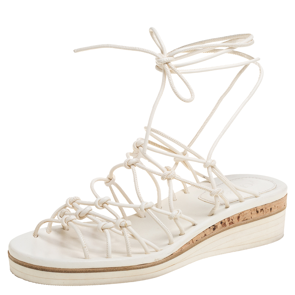 Pre-owned Chloé Cream Leather Knot Detail Strappy 'jamie' Platform Wedge Sandals Size 36