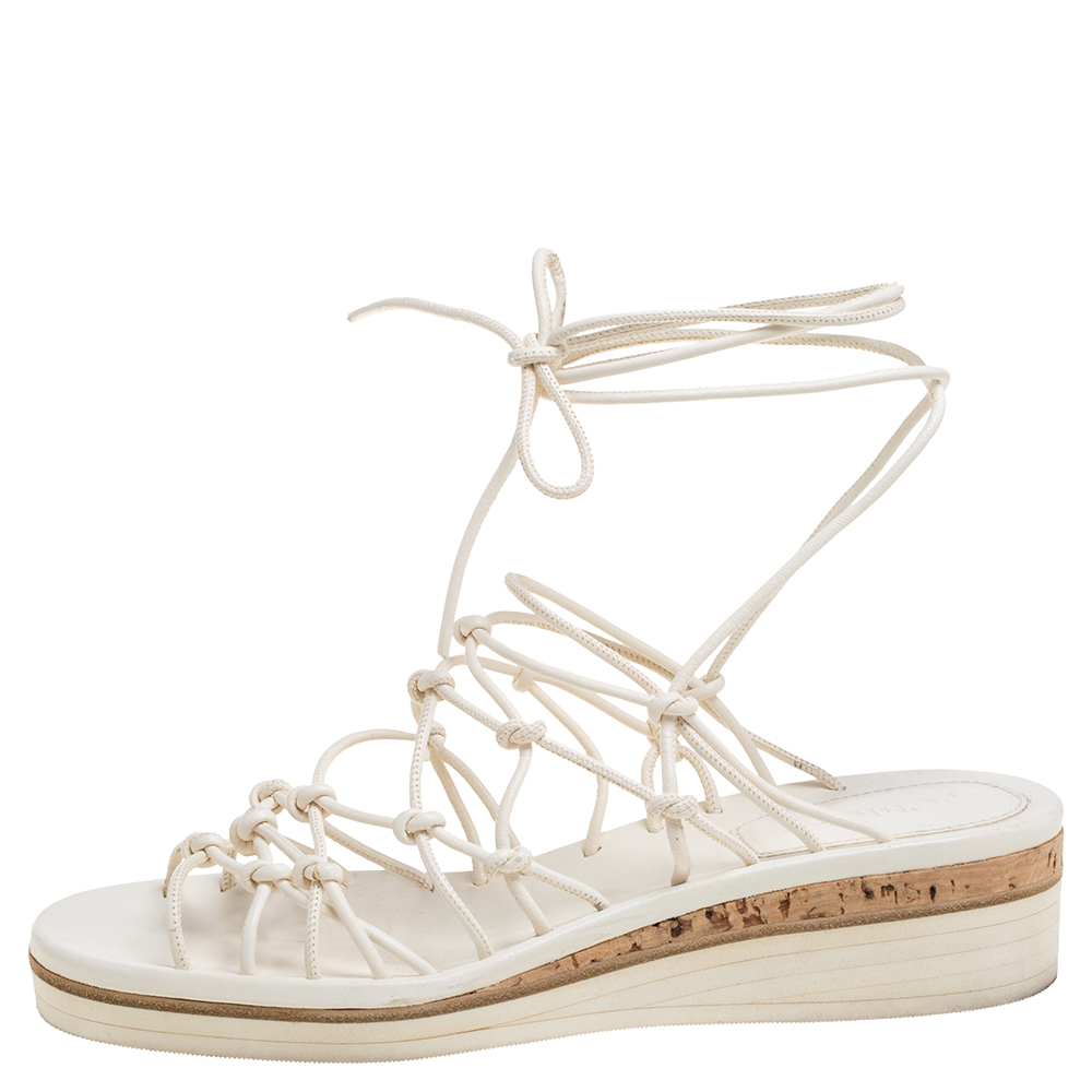 

Chloe Cream Leather Knot Detail Strappy 'Jamie' Platform Wedge Sandals Size