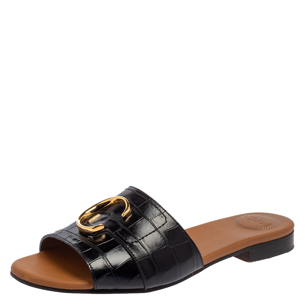 Pre-owned Chloé Black Croc Embossed Leather Slide Sandals 41