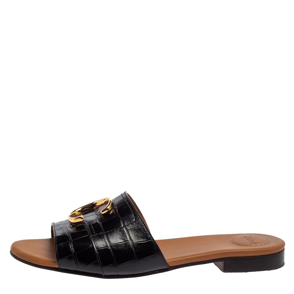 

Chloe Black Croc Embossed Leather Slide Sandals