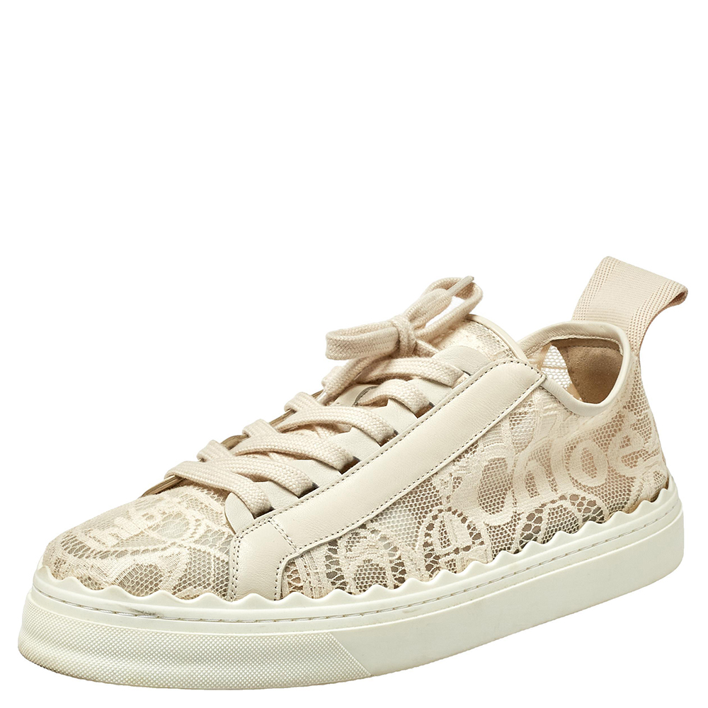 Pre-owned Chloé Light Beige Lace And Leather Lauren Sneakers Size 42