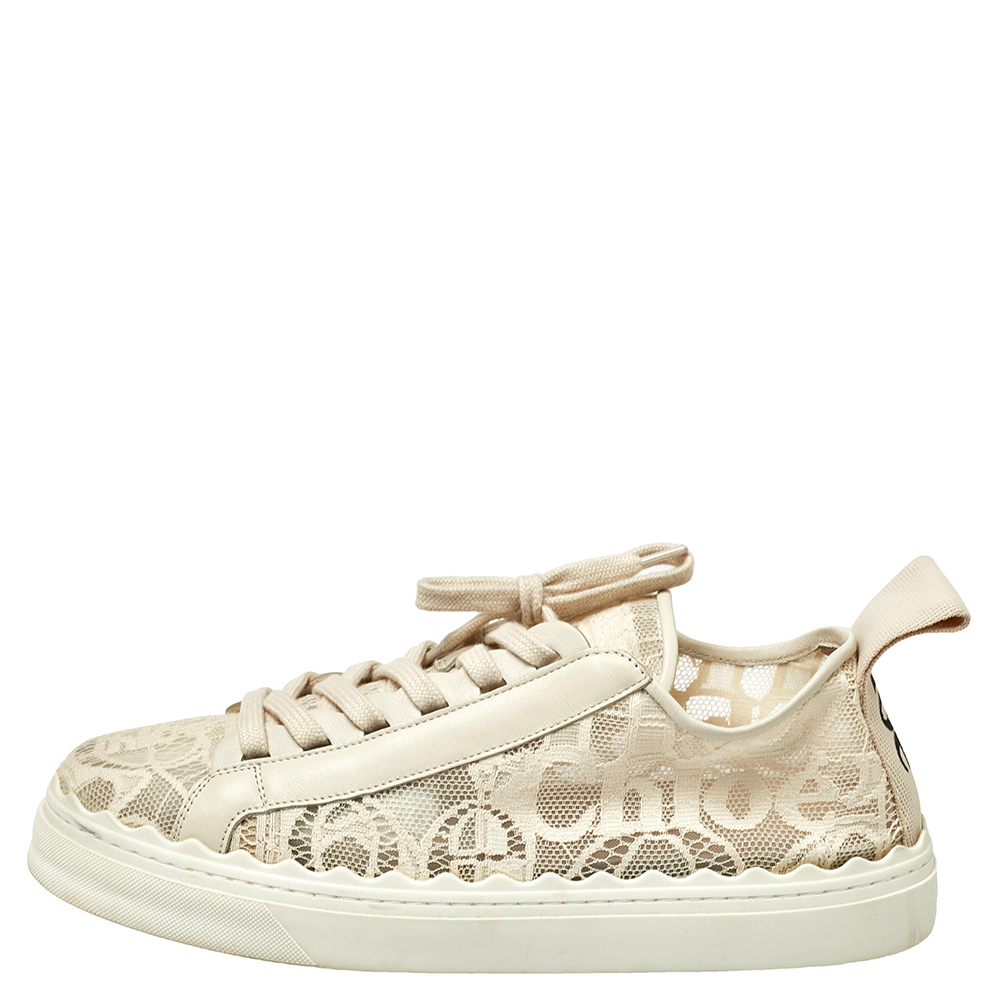 

Chloe Light Beige Lace and Leather Lauren Sneakers Size