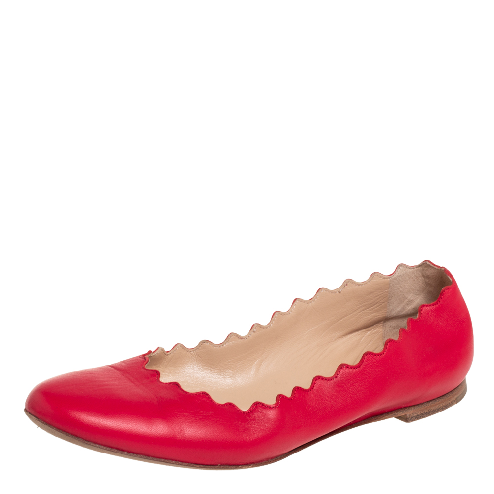 Pre-owned Chloé Chlo&eacute; Red Leather Lauren Scalloped Ballet Flats Size 36