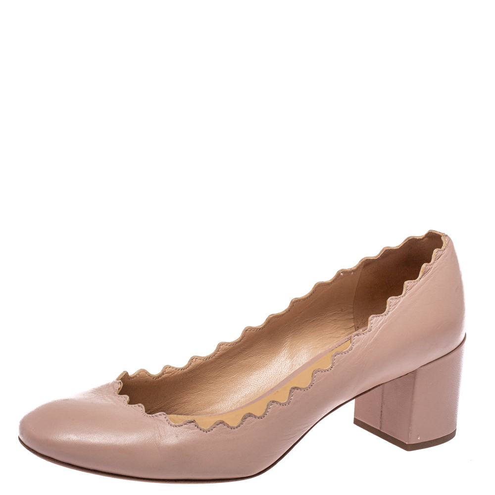 Click to view more detailed imagery on our partner's website Pre-owned Chloé Beige Leather Lauren Scallop Trim Block Heel Pumps Size 37