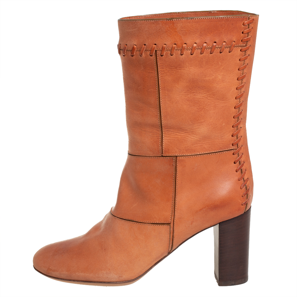 

Chloe Tan Patchwork Leather Whipstitch Mid Calf Boots Size