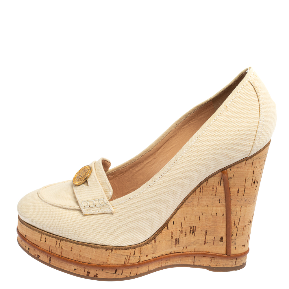 

Chloé Off White Canvas Cork Wedge Platform Penny Loafer Pumps Size