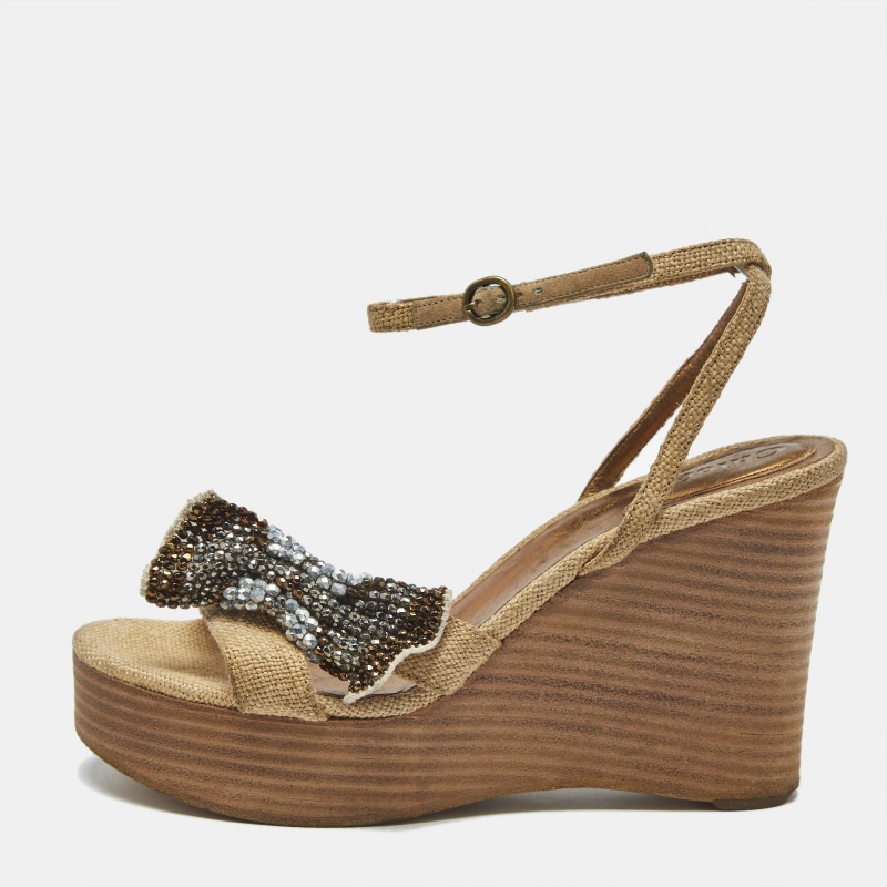 

Chloe Beige Canvas Crystal Bow Ankle Strap Wedges Size