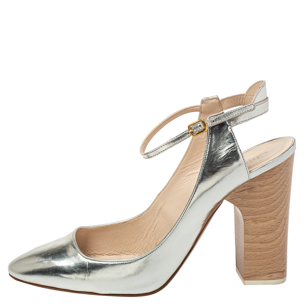 

Chloe Silver Leather Ankle Strap Block Heel Sandals Size