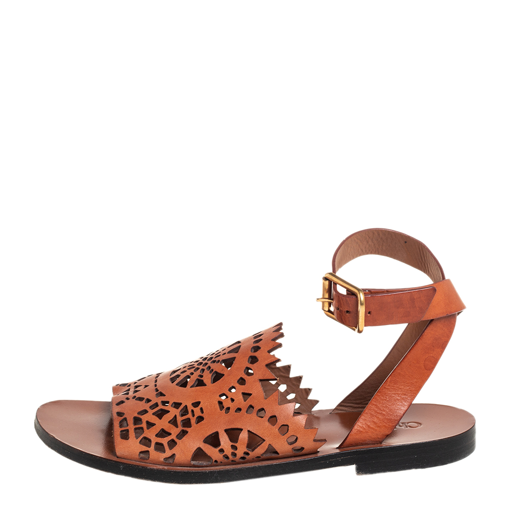 

Chloe Brown Leather Laser Cut Ankle Strap Sandals Size