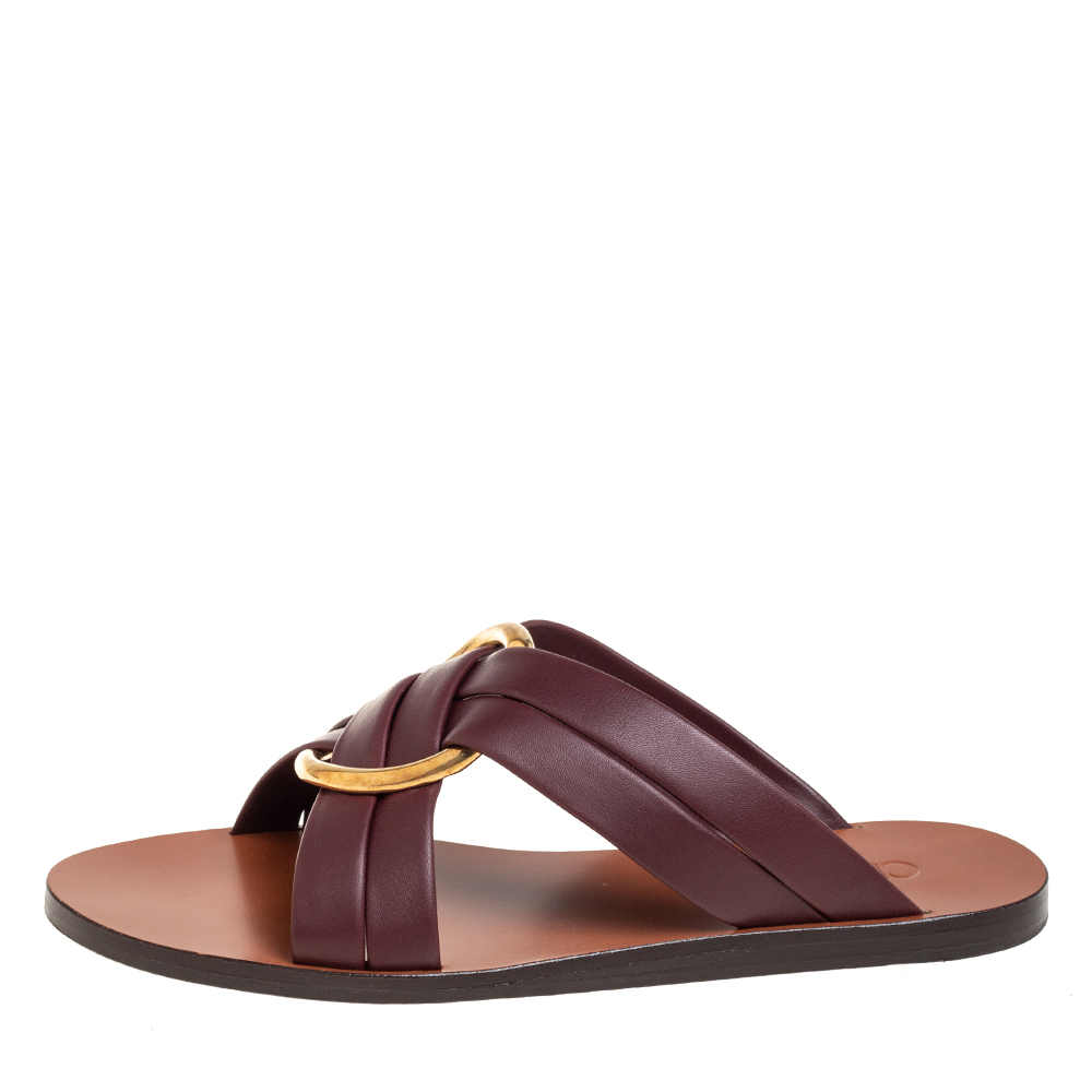 

Chloé Burgundy Leather Embellished Rony Flat Sandals Size