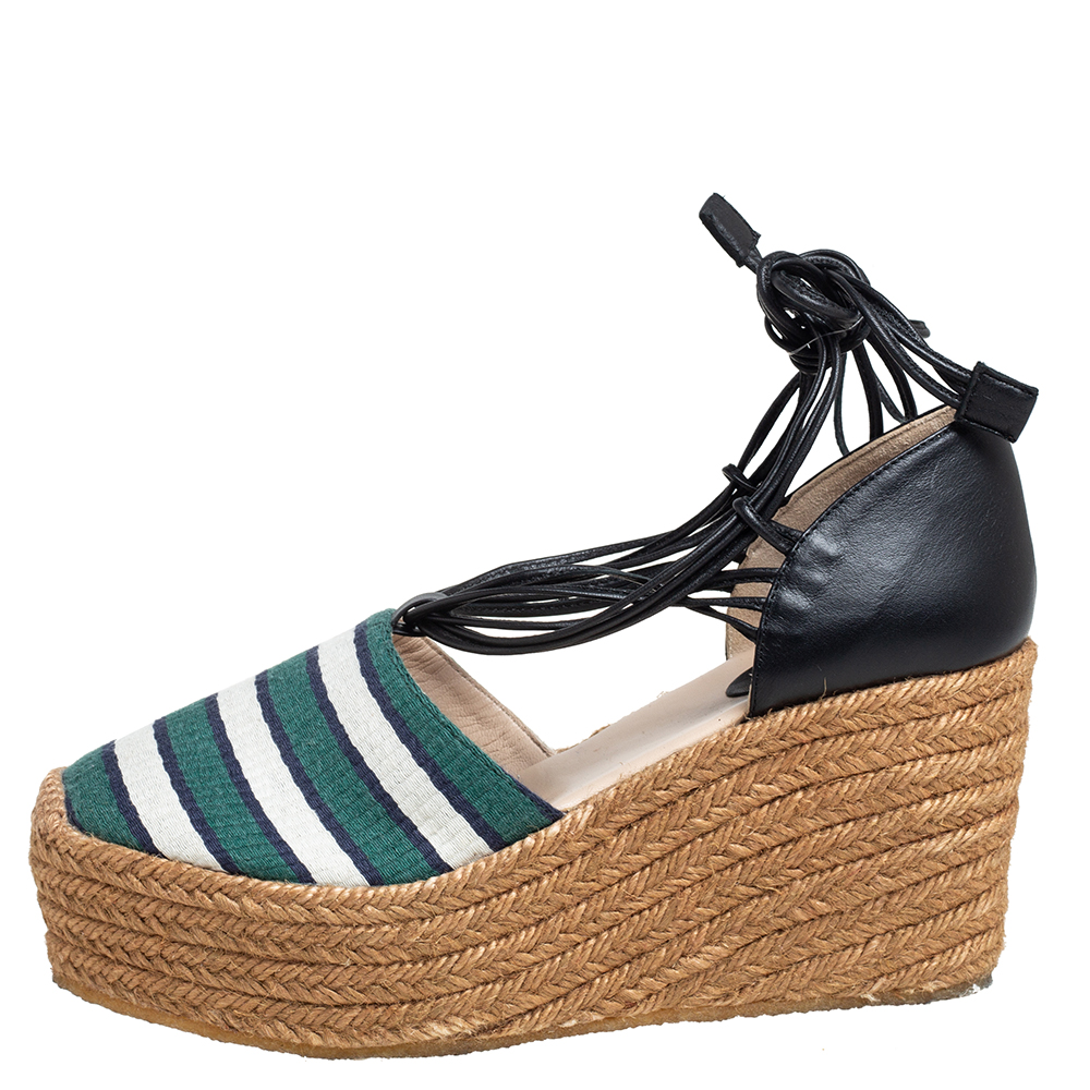 

Chloe Multicolor Fabric and Leather Ankle Wrap Wedge Espadrilles Sandals Size