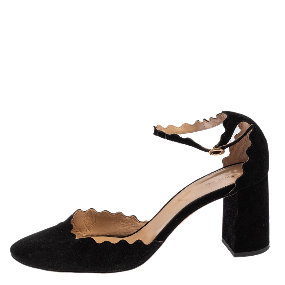 

Chloe Black Scalloped Suede Ankle Strap Block Heel Sandals Size