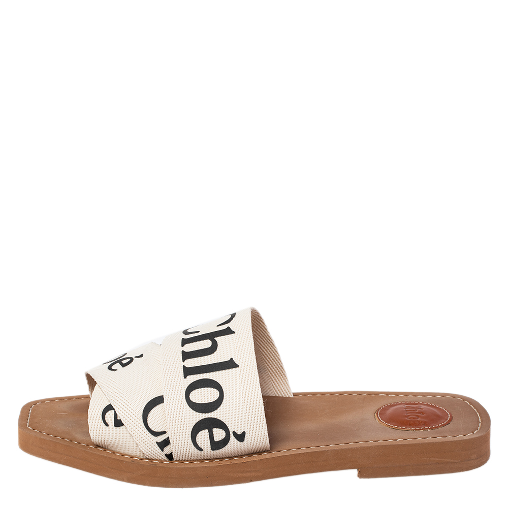 

Chloé Ivory Canvas Logo Woody Flat Mules Size, White